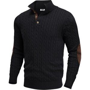 Men's Cable Knitted Pullover Sweaters Long Sleeve Stand Collar Button Up Black